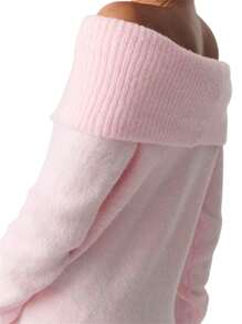 Women's Off Shoulder Sweater, Loose Fit Cropped Pullover Knit Top With Long Sleeves, Boat Neck Solid Color Fall Fashion Casual Wear - 粉色 - 查看 4