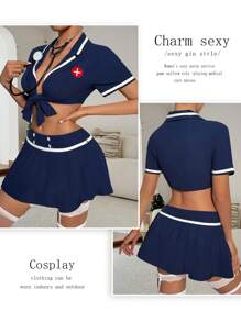 cimmuovere 2 Stück/Set Sexy Partykleidung für Damen, Wickel-Crop-Top mit kurzen Ärmeln und Mini-Rock - marineblau - Übersicht 1