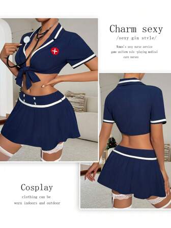 cimmuovere 2pcs/Set Women Sexy Party Outfit, Short Sleeve Wrap Crop Top And Mini Skirt