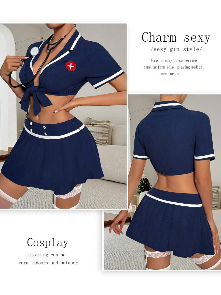 cimmuovere 2 Stück/Set Sexy Partykleidung für Damen, Wickel-Crop-Top mit kurzen Ärmeln und Mini-Rock - marineblau - Übersicht 1