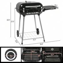 28" Portable Charcoal Grill With Wheels And Foldable Side Shelf, Large BBQ Smoker With Adjustable Vents On Lid For Outdoor Party Camping Picnic
