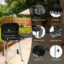 28" Portable Charcoal Grill With Wheels And Foldable Side Shelf, Large BBQ Smoker With Adjustable Vents On Lid For Outdoor Party Camping Picnic