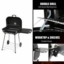 28" Portable Charcoal Grill With Wheels And Foldable Side Shelf, Large BBQ Smoker With Adjustable Vents On Lid For Outdoor Party Camping Picnic