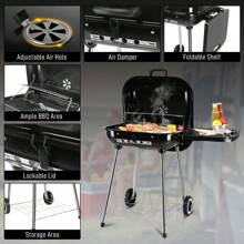 28" Portable Charcoal Grill With Wheels And Foldable Side Shelf, Large BBQ Smoker With Adjustable Vents On Lid For Outdoor Party Camping Picnic