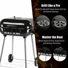 28" Portable Charcoal Grill With Wheels And Foldable Side Shelf, Large BBQ Smoker With Adjustable Vents On Lid For Outdoor Party Camping Picnic