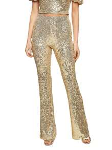Womens Spring Summer Slim Flared Pants High Waist Elastic Band Sequins Bell-Bottom Pants - Gold - View 1