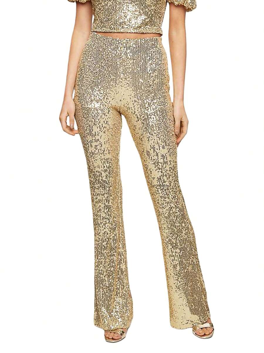 Womens Spring Summer Slim Flared Pants High Waist Elastic Band Sequins Bell-Bottom Pants - Gold - View 1