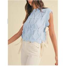 Women Cute Sweater Vest Solid Color Scalloped Trim Warm Knit Tank Tops Sleeveless Pullover Knitwear For Streetwear - Màu xanh lam - Xem 2