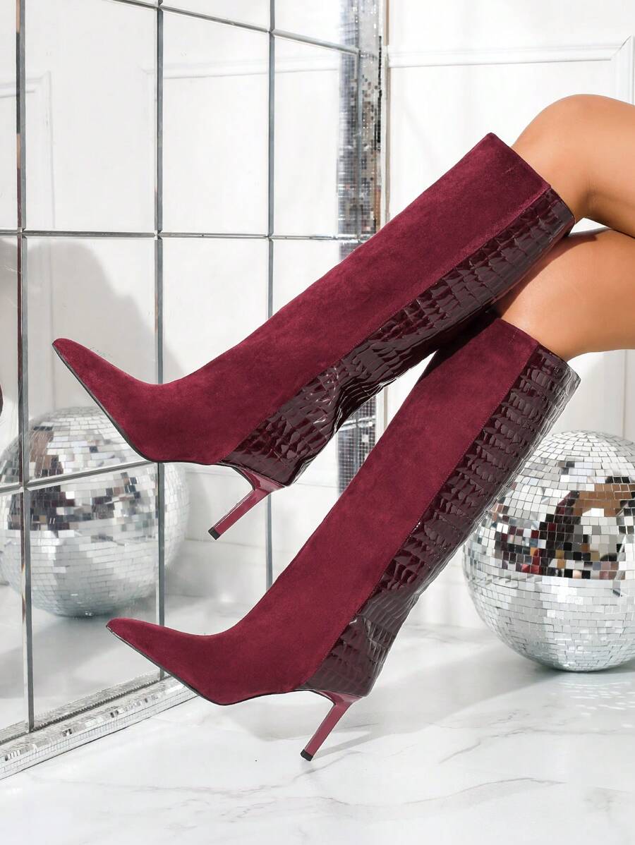 Plus Size Women's Fashion Wine Red Suede & Patent Leather Patchwork High Heel Pointy Toe Thigh-High Boots - Burgundy - View 1