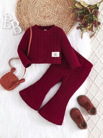 Set de 2 piezas para niñas bebés con blusa de manga larga casual y pantalones acampanados, conjunto cómodo y de moda para primavera/otoño