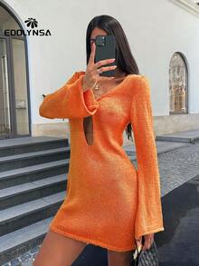 性感女式泳衣罩衫金属环镂空深 V 领针织裹身沙滩迷你裙喇叭袖短款沙滩装夏季 - 橘色 - 查看 4