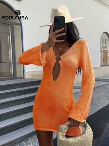 性感女式泳衣罩衫金属环镂空深 V 领针织裹身沙滩迷你裙喇叭袖短款沙滩装夏季 - 橘色 - 查看 5