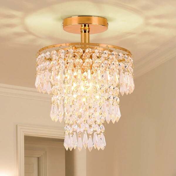 Mini Size Crystal Chandelier Modern Flush Mount Ceiling Light 3 Tiers Raindrops Crystal Pendant Lighting Fixture Decoration For Bedroom Hallway Living Room,E26 Base (Gold/Black/Chrome)