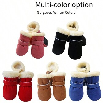 4pcs/Set Waterproof Anti-Slip Winter Pet Dog Shoes, Thick Warm Booties For Small Dogs & Puppies
