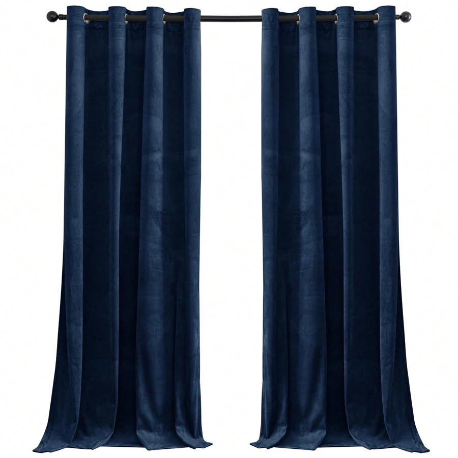 CYCMACO 2 Piece Velvet Indoor Curtains, Modern Bedroom Blackout Curtains With Eyelets, Cold Insulating Thermal Curtain For Living Room Lounge Children's Room - 藏蓝色 - 查看 1
