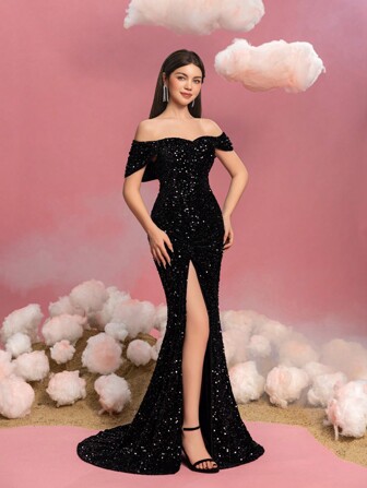 Teen Girls Off-Shoulder Slit Sequin Fishtail Dress