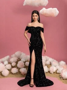 Teen Girls Off-Shoulder Slit Sequin Fishtail Dress - Black - View 4