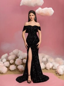 Teen Girls Off-Shoulder Slit Sequin Fishtail Dress - Black - View 5