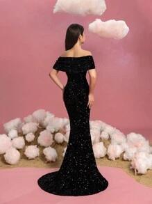 Teen Girls Off-Shoulder Slit Sequin Fishtail Dress - Black - View 3