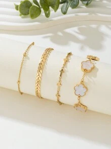 4 件套女士金手链，带幸运四叶草、飞机、珠子和吊饰