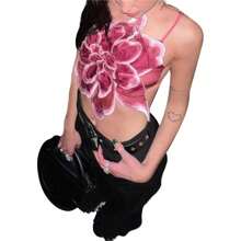 Women Y2k 3D Flower Crop Tank Tops Sleeveless Backless Lace Flower Cami Vest Top Vintage Streetwear - Red - View 2