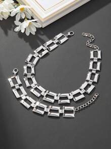 1 Set Fashionable Geometric Hollow Square Metal Chain Necklace & Bracelet Jewelry Set, Gift For Women, Holiday & Vacation