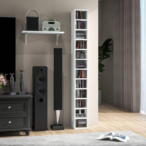 HOMCOM HOMCOM Rangements pour CD et DVD, étagère colonne de rangement, meuble de rangement avec 12 compartiments, capacité max. 204 CD, 21 x 20 x 175 cm, blanc
