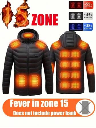 1 件男士黑色加热夹克，USB 电加热羊毛高领夹克，带 15 个加热区，双开关控制，带 USB 线（不含移动电源），冬季户外保暖