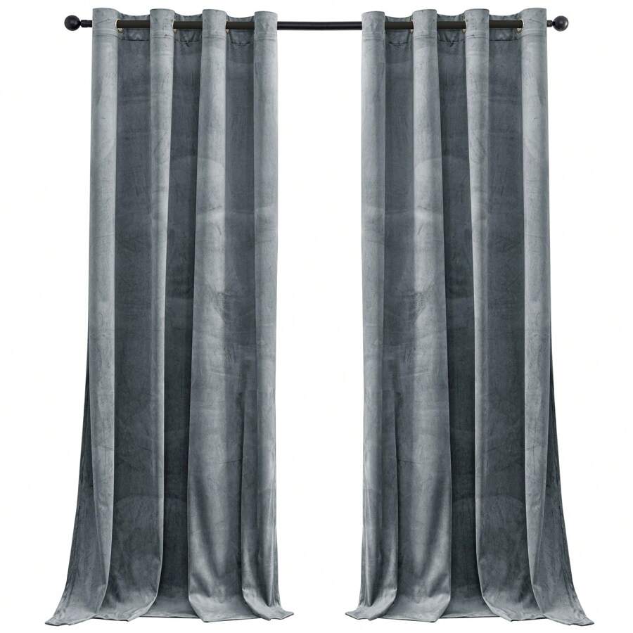 CYCMACO 2 Piece Velvet Indoor Curtains, Modern Bedroom Blackout Curtains With Eyelets, Cold Insulating Thermal Curtain For Living Room Lounge Children's Room - 銀色 - 查看 1