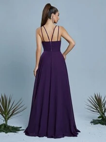 Mgiacy Halter Neck Round Neck Ruched Chiffon Long Dress Bridesmaid Dress - Violet Purple - View 2
