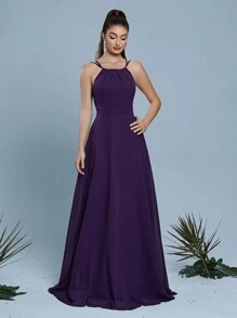 Mgiacy Halter Neck Round Neck Ruched Chiffon Long Dress Bridesmaid Dress - Violet Purple - View 3