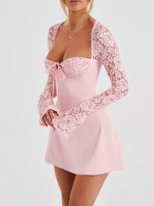 Women Mini Dress, Long Sleeve Backless Low-Cut Tie-Up Lace Patchwork Cocktail Dress A-Line Dress - Pink - View 6