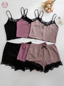 3-delige pyjamaset voor dames - wafelstof cami-top met kantsplit en shorts