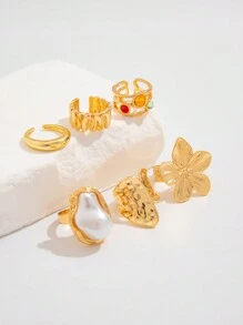 6pcs/Set Vintage Floral & Gemstone Decorated Rings, Women Elegant Baroque Pearl Rings, Punk Hip-Hop Gold Knuckle Rings, Suitable For Daily Wear, Party & Banquet, Festivals, Versatile Fashion Jewelry