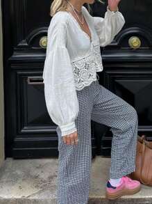 Women Y2K Plaid Pants Summer Casual Drawstring High Waist Straight Leg Trousers Gingham Lounge Pants Streetwear - 黑色 - 查看 5