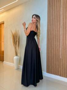 PREMIUM Elegant Long Dress With Straps In Peadria - 黑色 - 查看 2