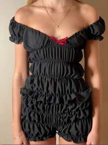 Women's Summer 2 Piece Outfits Short Sleeve Ruched Tops Solid Color/Plaid Shorts Set - Black - View 2