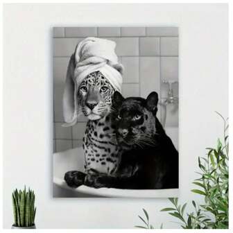 1pc Adorable Leopard And Panther Cubs In Bathtub Printable Art, Black And White Vintage Canvas Painting Wall Art Prints Poster Wall Picture Decor For Home Gifts, Living Room, Bathroom, Bedroom, Kitchen Unframed