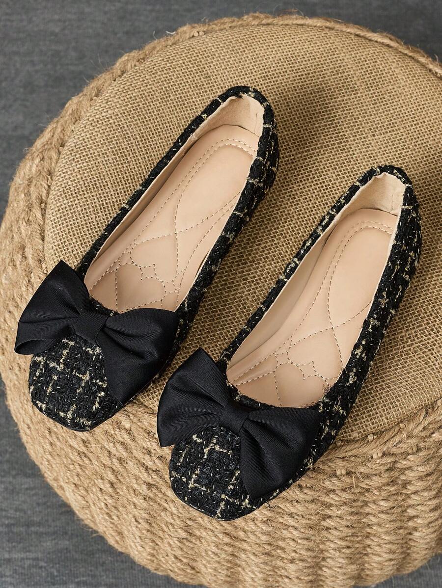 WHDXY Women's Square Toe Flat Shoes, Burgundy Bow Decor, Versatile, Wear With Straight Pants & Cute Tops, Soft Sole Driving Shoes, Elegant Spring/Autumn Flats - Black - View 1