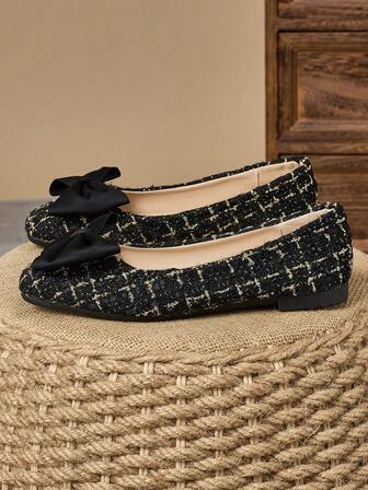 WHDXY 女士方头平底鞋，酒红色蝴蝶结装饰，百搭，搭配直筒裤和可爱上衣，软底驾车鞋，优雅的春秋平底鞋