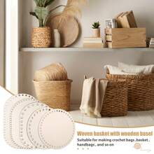 Set de 5 soportes de cesta de ganchillo, cestas de ganchillo con bases de madera, suelo de madera de ganchillo, cestas de madera natural, soportes de cesta de ganchillo DIY, manualidades, textiles para el hogar, bases de madera de ganchillo DIY, suministros de manualidades, bases de madera de ganchillo, cestas de ganchillo en blanco con bucle colgante DIY