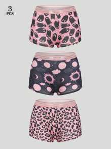 Dircho 3pcs Women Gothic Halloween Pink Leopard Print & Galaxy & Moon & Stars & Ghosts Print Contrast Binding Boyshorts, Comfy & Sofy & Silky Elastice Waist Intimates Panties, Women's Lingeries & Underwear - Multicolor - View 1
