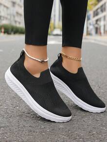 2025 New Knit Breathable Lightweight High-Sole Solid Color Women Shoes, Hand/Machine Washable, Suitable For Dance, Running, Walking, Casual