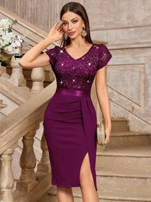 MIUSOL Vestido de cóctel ajustado con escote dividido, mangas abullonadas, encaje y lentejuelas, vestido de mujer semiformal para invitada de boda, graduación, cena