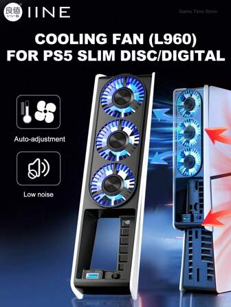  Ventola di raffreddamento intelligente e sottile IINE L960 PS 5 compatibile con PlayStation 5 Slim Disc & Digital Edition, ventola di raffreddamento aggiornata con controllo della temperatura, hub USB3.0, accessori per console di gioco, raffreddamento intelligente a basso rumore, facile installazione, bianco e nero