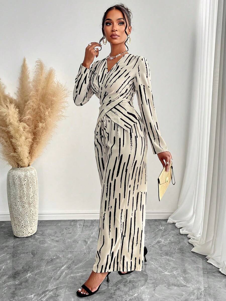 AIJ Amarilo Damen Lässig Pendler Künstlerischer gestreifter Muster Wickelbluse und weite Hose 2 Stücke Set, Bürooutfit-Kreation - Aprikosenfarbe - Übersicht 1