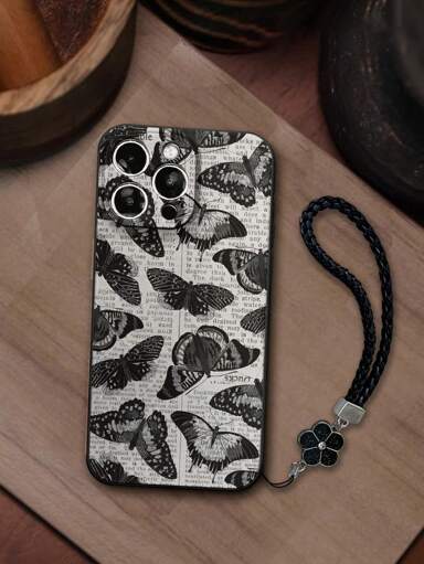 1pc Precision Punched Edge Newspaper Butterfly Print Thick Shockproof Phone Case With Handmade Wrist Strap Compatible With Iphone 16 16Pro 16Plus 16ProMax IPhone 15 ProMax IPhone 13 14 Series Galaxy A S Note Series Redmi Series p 48676659