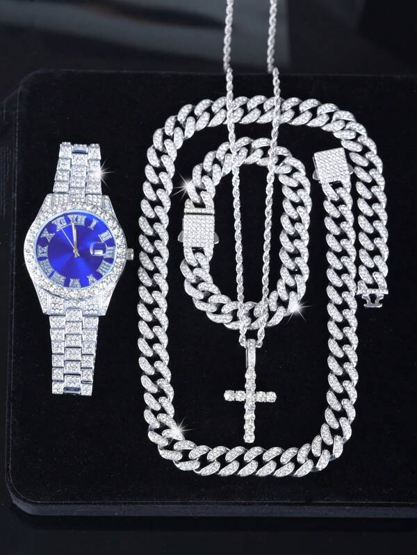 Set de 4 piezas para hombres: Cadena cubana con rhinestones, pulsera, reloj de cuarzo, collar con dije de cruz - Conjunto de joyería de estilo hip hop, regalo perfecto para papá o novio