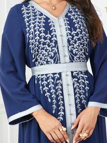 Women's Spring/Summer Fashion Embroidery Patchwork Ribbon V-Neck Studded Loose Casual Long Arabic Style Dress With Belt - Navy Blue - View 7