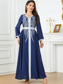 Women's Spring/Summer Fashion Embroidery Patchwork Ribbon V-Neck Studded Loose Casual Long Arabic Style Dress With Belt - Navy Blue - View 4